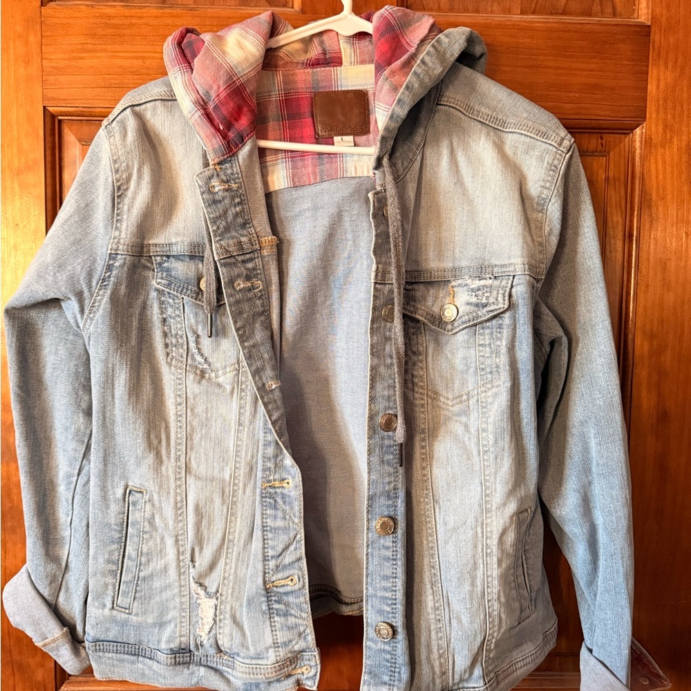 Maurices Light Blue Jean Jacket with Red Plaid Hood